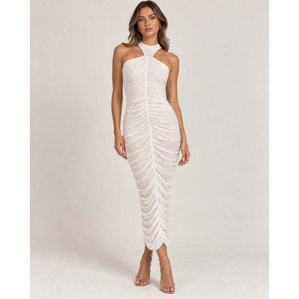 Murci White Ruched Halter Midi Dress Textured Mesh Bodycon XS NWT